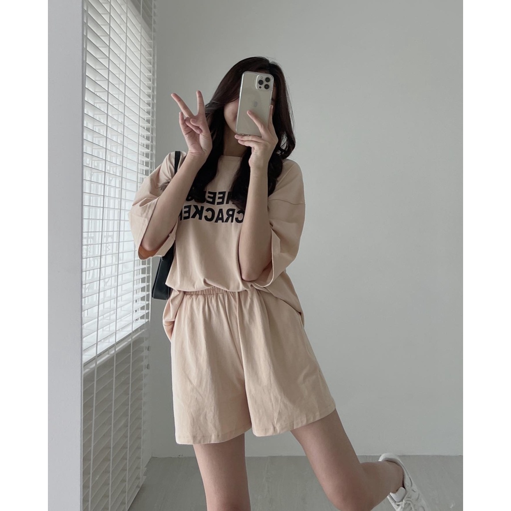 Set đồ nữ bộ quần short đùi áo form rộng tay lỡ, sooc phông mặc ở nhà Ulzzang - Ảnh 3