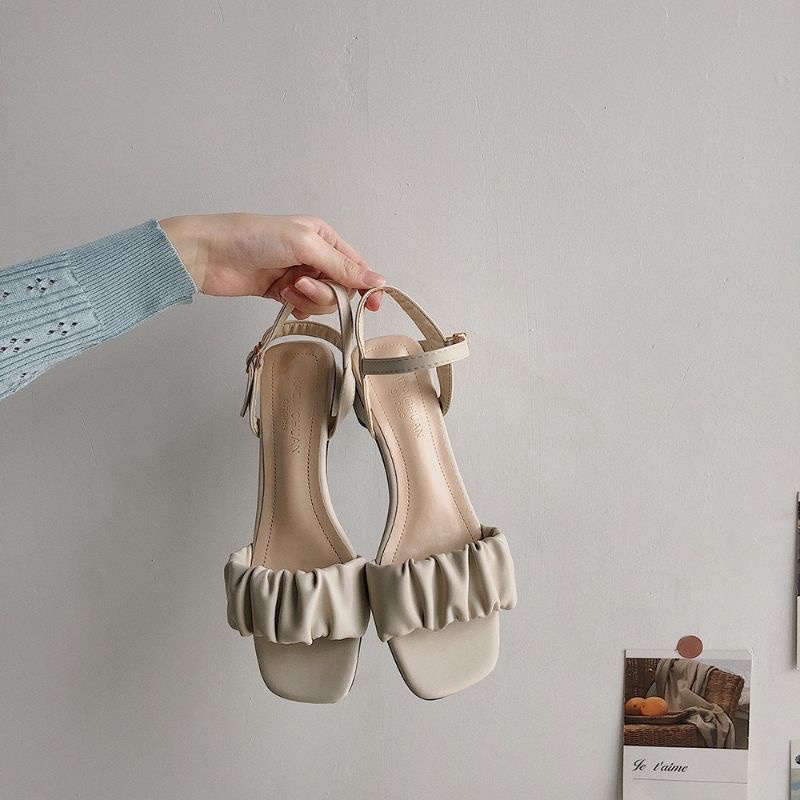 sandal cao gót đế 4cm quai da nhăn trả trung cá tính