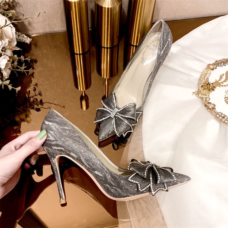 Giày Cao Gót Mũi Nhọn Đính Đá Pha Lê Thời Trang Mới 2026 Cho Nữ Giày Cao Gót Nơ Fairy Bow Knot Baotou Crystal High Heels