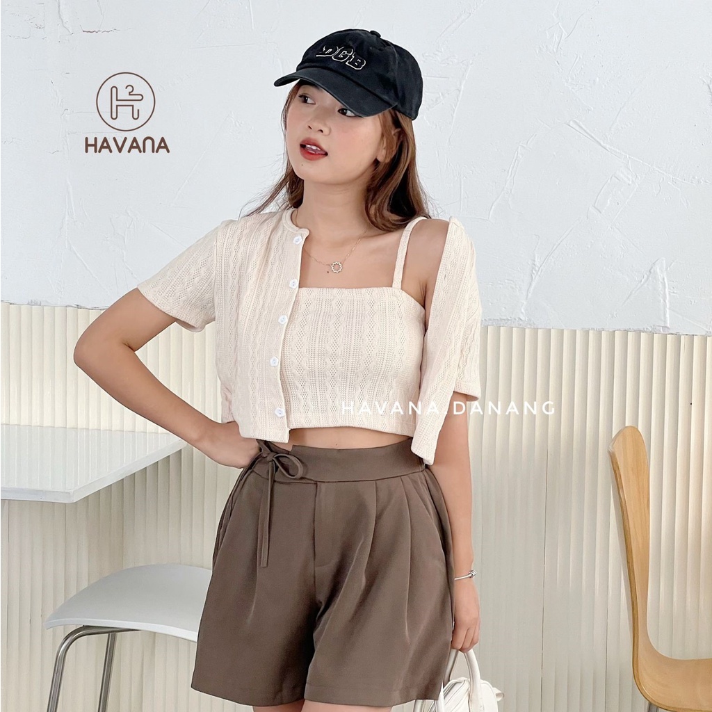 Áo croptop ngắn tay kèm hai dây bên trong, set áo len họa tiết cúc hoa AE237 - Ảnh 4