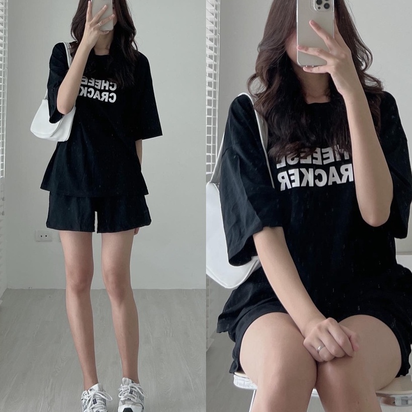 Set đồ nữ bộ quần short đùi áo form rộng tay lỡ, sooc phông mặc ở nhà Ulzzang - Ảnh 2