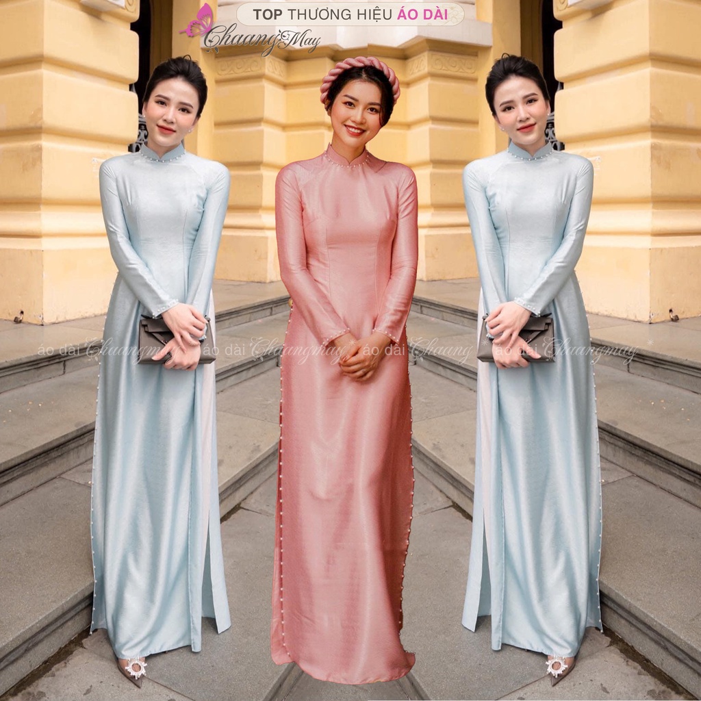 Áo Dài Xước Lụa Vân Gỗ Tone Hồng Chaang May Sẵn Truyền Thống Đính Viền Ngọc Dự Tiệc Lễ Tết Đẹp Sang Trọng ADC087