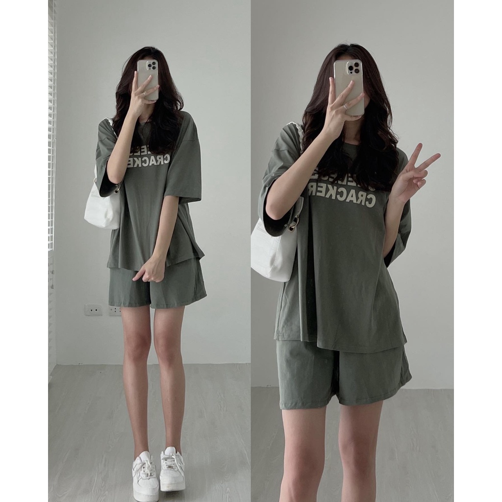 Set đồ nữ bộ quần short đùi áo form rộng tay lỡ, sooc phông mặc ở nhà Ulzzang