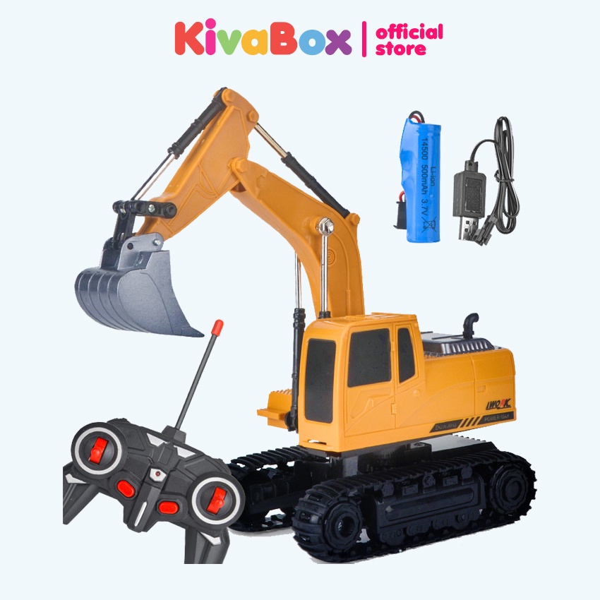 Máy xúc điều khiển từ xa KIVABOX, xe máy xúc đồ chơi pin sạc, gầu sắt, bánh xích chắc chắn