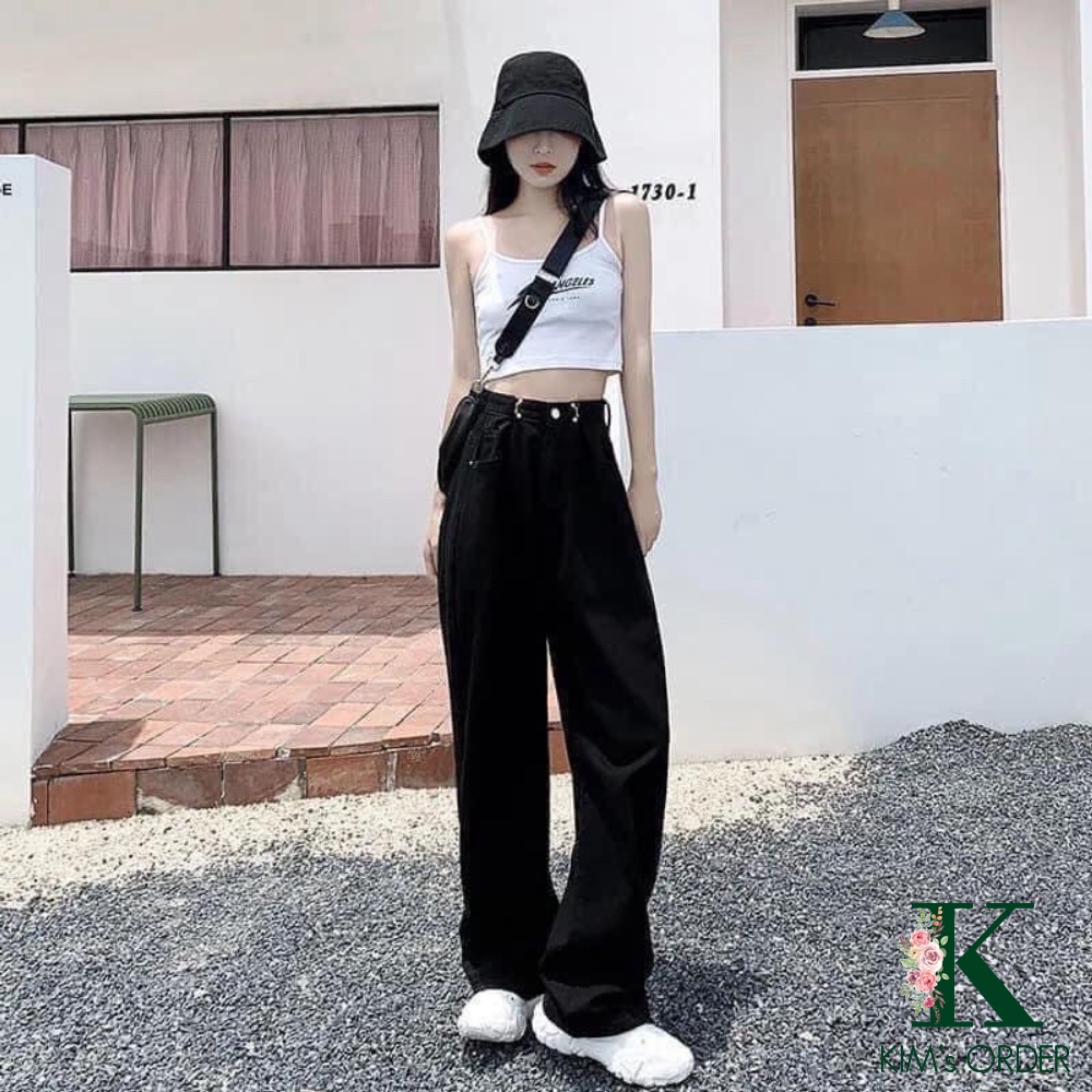 Quần jeans nữ phối khuy gài eo cạp cao ống suông rộng phong cách Ulzzang Hàn Quốc hai màu đen trắng basic chuẩn loại 1 - Ảnh 3
