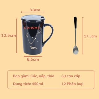 Ly cốc sứ 12 cung hoàng đạo màu đen và trắng 450ml có nắp đậy, cốc làm quà tặng, trang trí - Ảnh 6