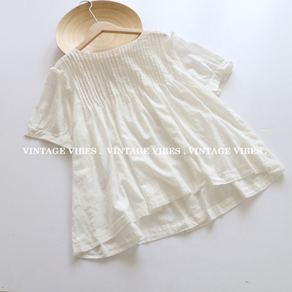 Áo babydoll cổ bèo kẻ ly cài khuy sau ngắn tay Ulzzang hàng QC - Ảnh thật cận chất 1000%