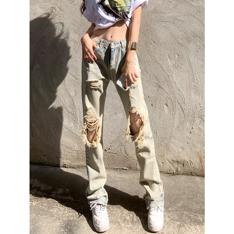 Ethelgirl Quần jeans Nữ Lưng Cao Mài Rách Thời Trang Hàn - Ảnh 4