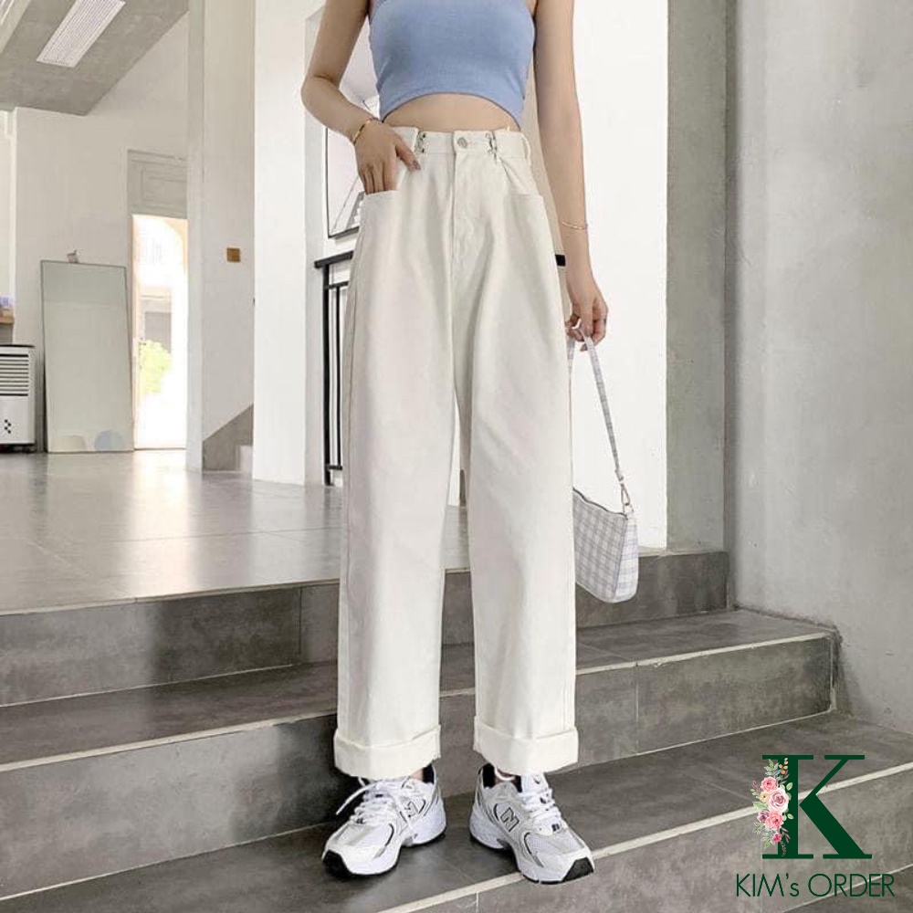 Quần jeans nữ phối khuy gài eo cạp cao ống suông rộng phong cách Ulzzang Hàn Quốc hai màu đen trắng basic chuẩn loại 1 - Ảnh 4