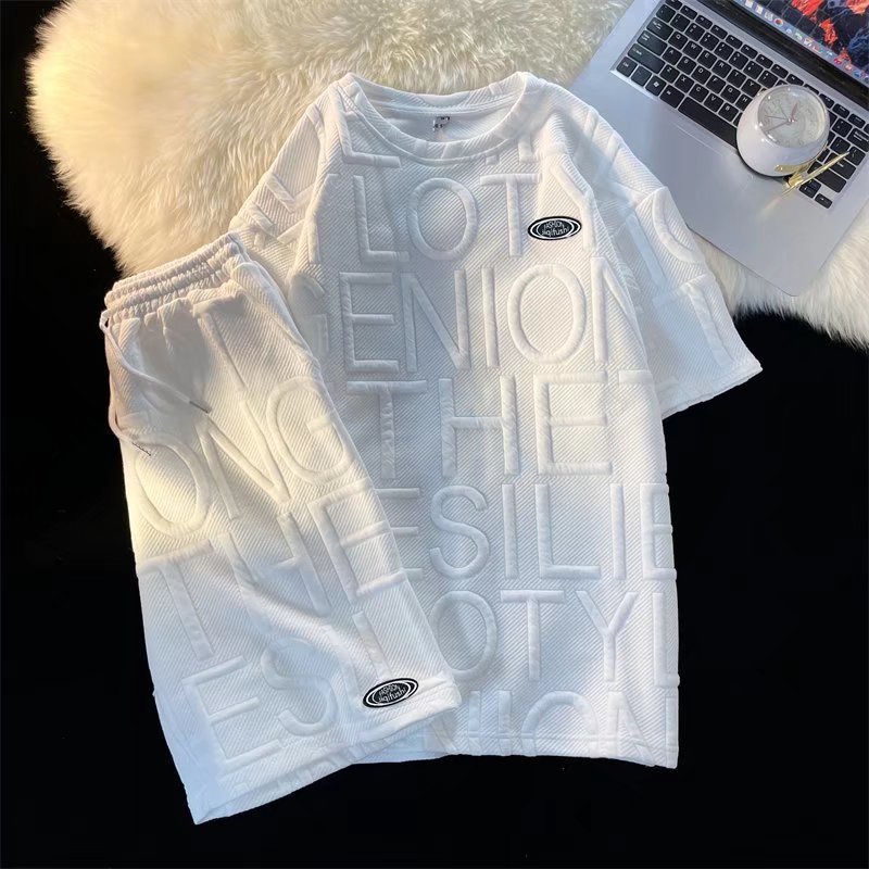 Bộ Thể Thao Nam Áo Thun In Chữ Cổ Tròn Phối Quần Short Rút Dây Thời Trang Cho Nam đồ bộ nam Form Rộng đo?? bo?? the?? thao nu??