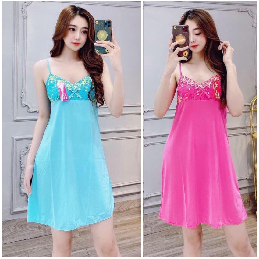 Đầm Ngủ Thun Lạnh Mặc Nhà Đầm Mặc Nhà Nữ 2 Dây Phối Ren - Ảnh 2