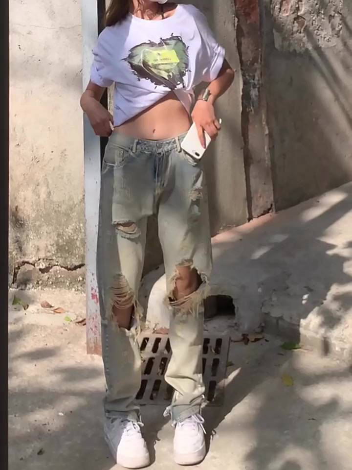 Ethelgirl Quần jeans Nữ Lưng Cao Mài Rách Thời Trang Hàn - Ảnh 2