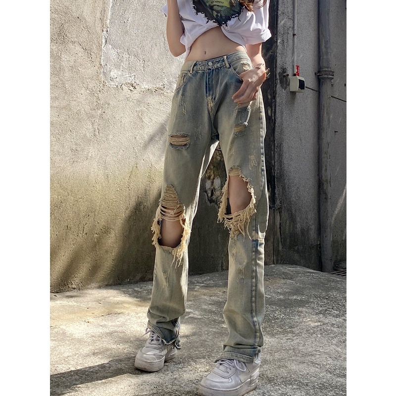 Ethelgirl Quần jeans Nữ Lưng Cao Mài Rách Thời Trang Hàn - Ảnh 3