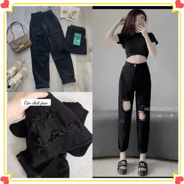 Quần baggy nữ lưng cao rách kiểu màu đen - Quần bò nữ rách phong cách bụi bặm cá tính - Jeans Fashion93