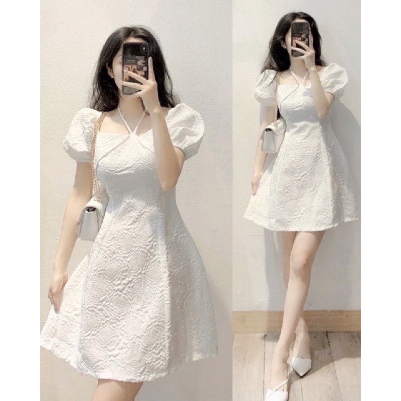 Váy Hoa Xốp Dây Yếm Chéo Cổ Vuông Dáng Tiểu Thư Siêu Xinh
