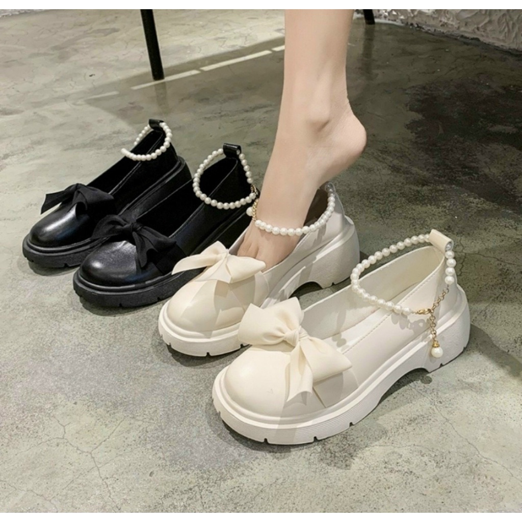 Giày Lolita Nữ Thắt Nơ Quai Ngọc , Giày búp bê nữ mũi tròn đế cao 5p Form Rộng