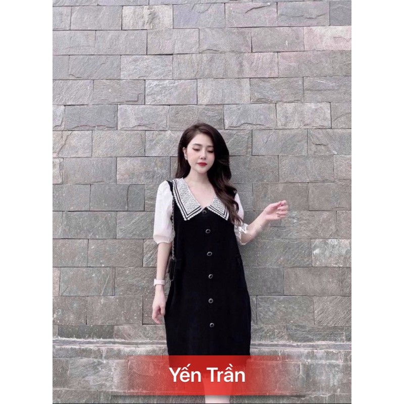 Váy suông - Đầm suông cổ ren chất đũi sang chảnh from rộng