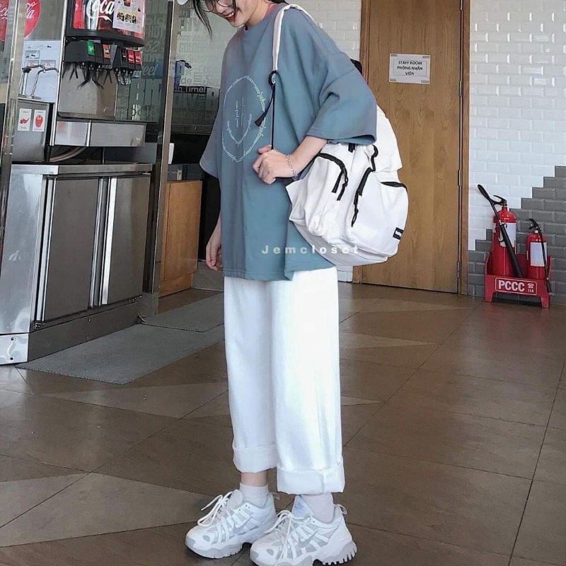 Set Đồ Nữ, Set Bộ Áo Thun Mặt Cười Mix Quần Kaki Ống Suông Hàng Loại 1