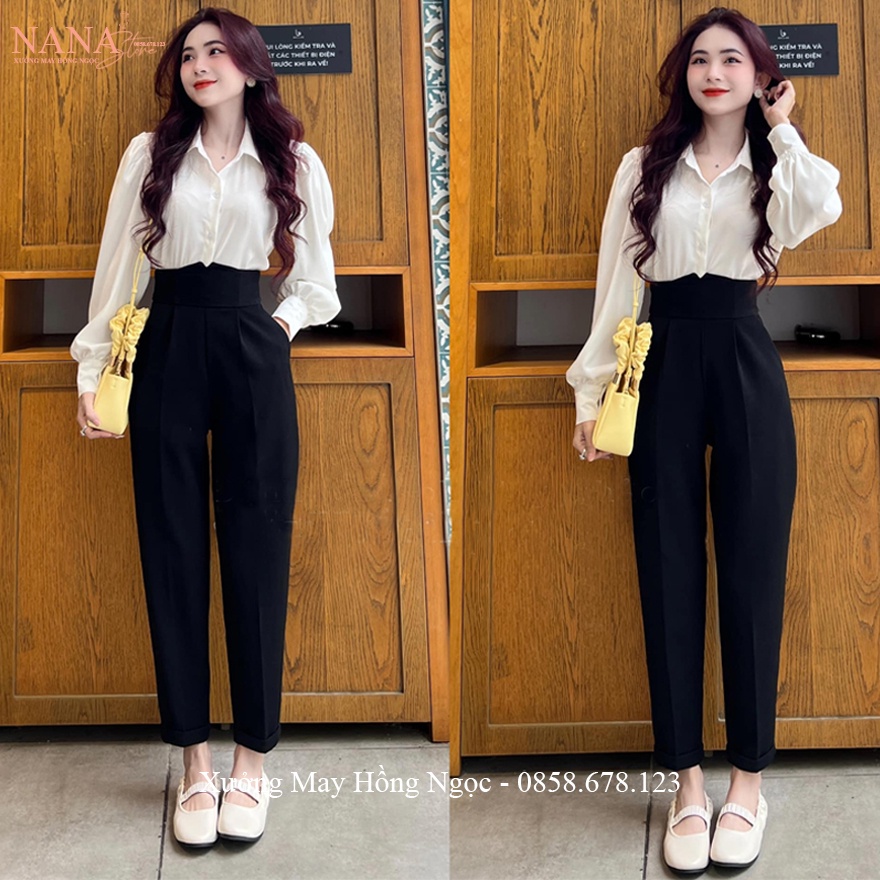 Quần tây lưng cao cạp V bản to ống baggy đứng khóa sau hông màu Đen dáng quần vải nữ công sở cạp cao đi học duyên dáng