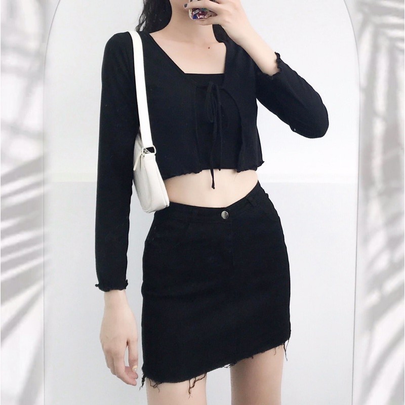 Set áo 2 món khoác cardigan tay dài cột nơ  kèm áo ống