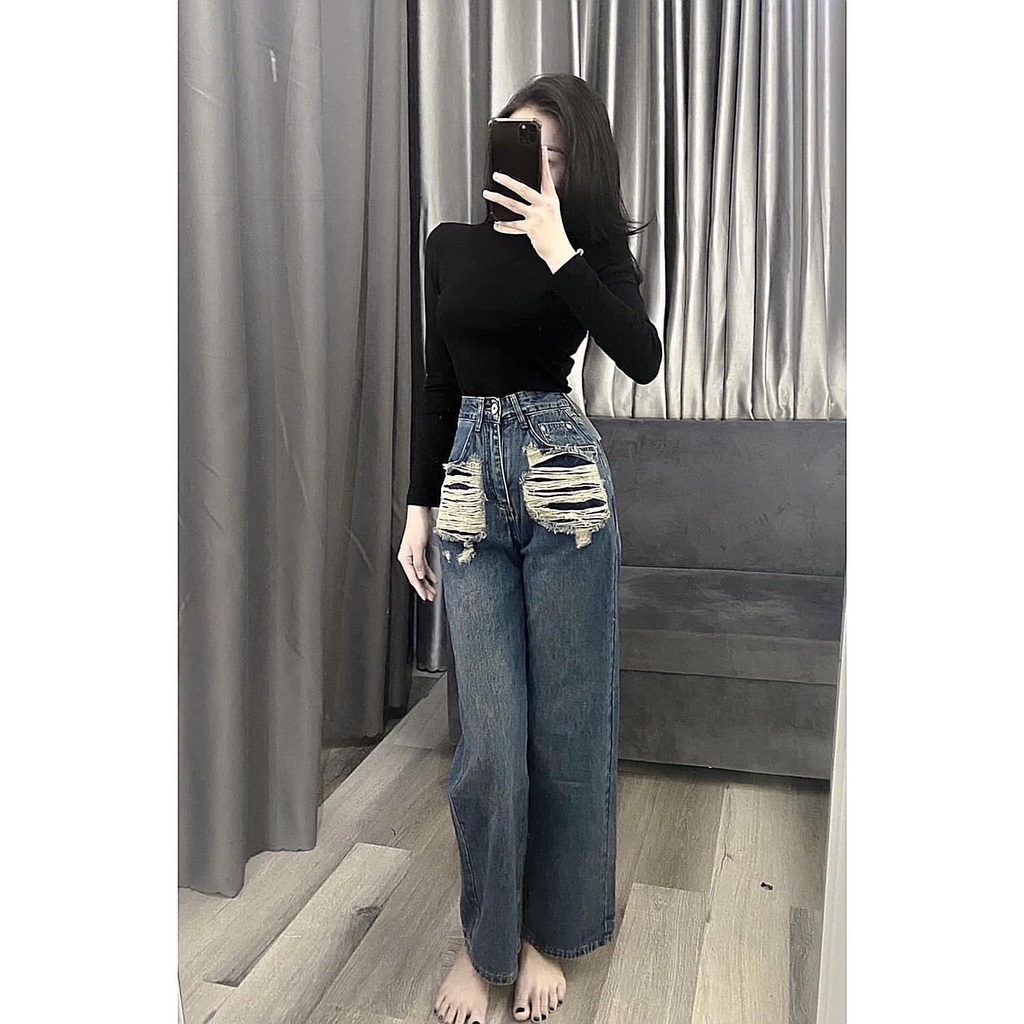 QUẦN JEANS ỐNG RỘNG NỮ LƯNG CAO RÁCH 2 MẢNG TÚI TO XANH ĐẬM LAI CUỐN CỰC HOT HIT SIÊU PHÁ CÁCH