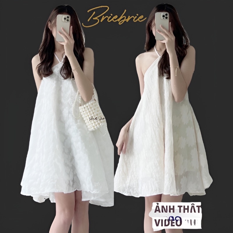 Đầm xoè cổ yếm cao cấp chất liệu organza thêu hoa , sang chảnh - 262