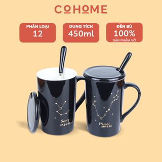Ly cốc sứ 12 cung hoàng đạo màu đen và trắng 450ml có nắp đậy, cốc làm quà tặng, trang trí - Ảnh 2