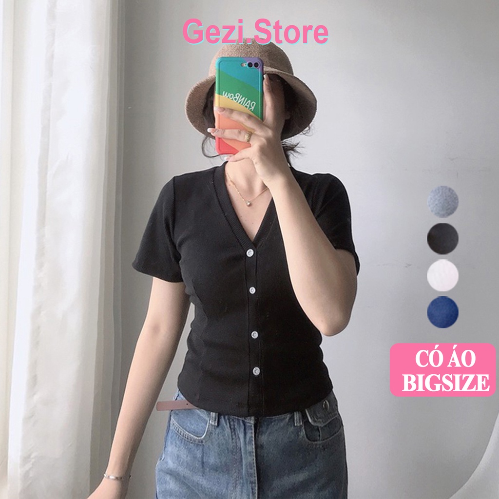 Áo Thun Nữ Cổ Tim Tay Ngắn Madela Bigsize 100% Cotton Giả Cúc, Áo Croptop Cổ V Tay Ngắn