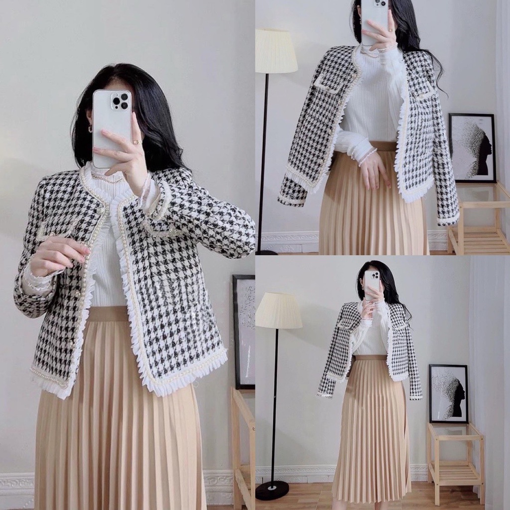 Bán sỉ Áo dạ khoác Tweed ziczac viền bèo túi ngực 2 lớp dày dặn, cúc ngọc