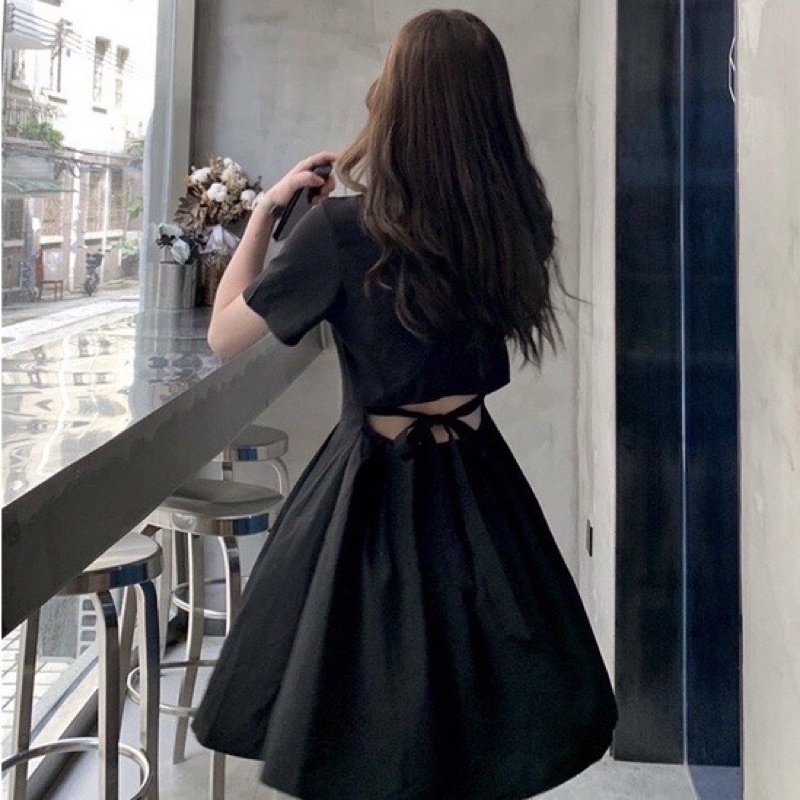 Váy đầm nữ cộc tay cổ bẻ sơ mi logo thắt nơ lưng màu đen freesize dáng a ngắn xòe học sinh ulzzang hàn quốc