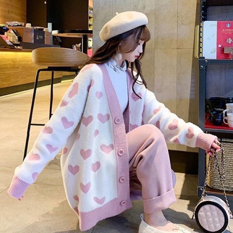 Áo Khoác Cardigan Trắng Viền Hồng Họa Tiết Trái Tim Dáng Rộng Cúc dọc