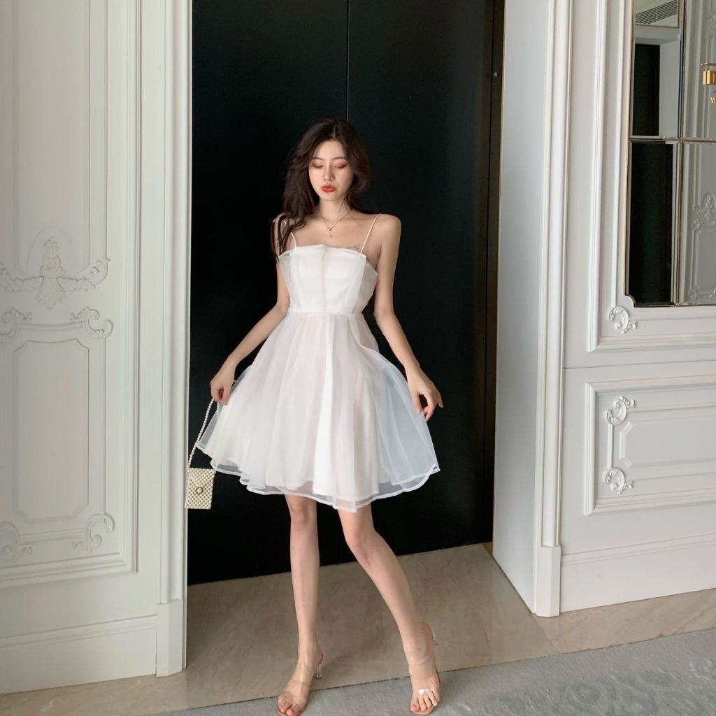 Váy 2 Dây Nhún Ngực Dáng Xoè Màu Trắng, Đầm Màu Trắng Xinh Công Chúa
