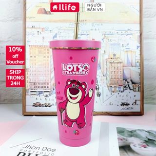 Ly giữ nhiệt 750ml gấu dâu lotso- tă?ng ống hút inox + chổi ống hút