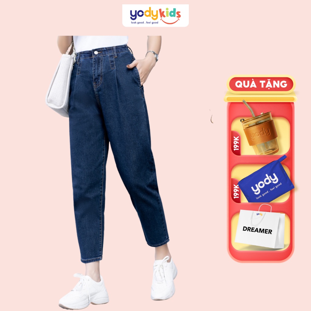 Quần bò nữ YODY jean baggy cạp cao ống lửng chất bò co giãn tốt QJN3076