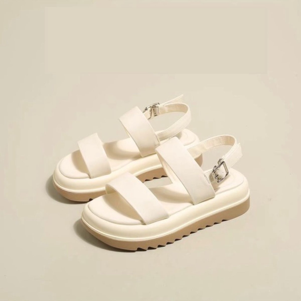 Sandal da quai ngang nữ, xăng đan 2 quai khóa cài đế độn cao 4cm da PU  SD06