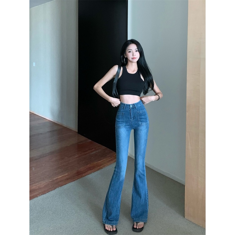 Quần jeans nữ Lưng Cao Ống Loe , Quần bò loe 2 túi mặt trước XANH ĐẬM 2026