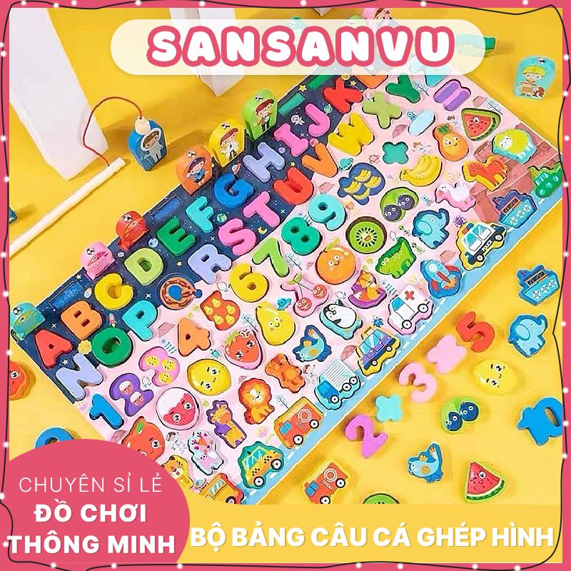 Bộ bảng gỗ câu cá học chữ, học số, ghép hình học động vật, trái cây đồ chơi phát triển trí tuệ cho bé