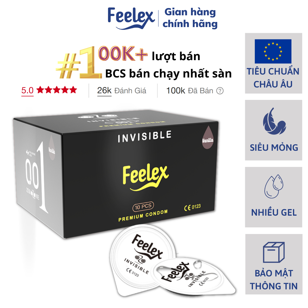 Bao cao su Feelex siêu mỏng, kéo dài thời gian, nhiều gel bôi trơn - Hộp 10 bcs-olo-store
