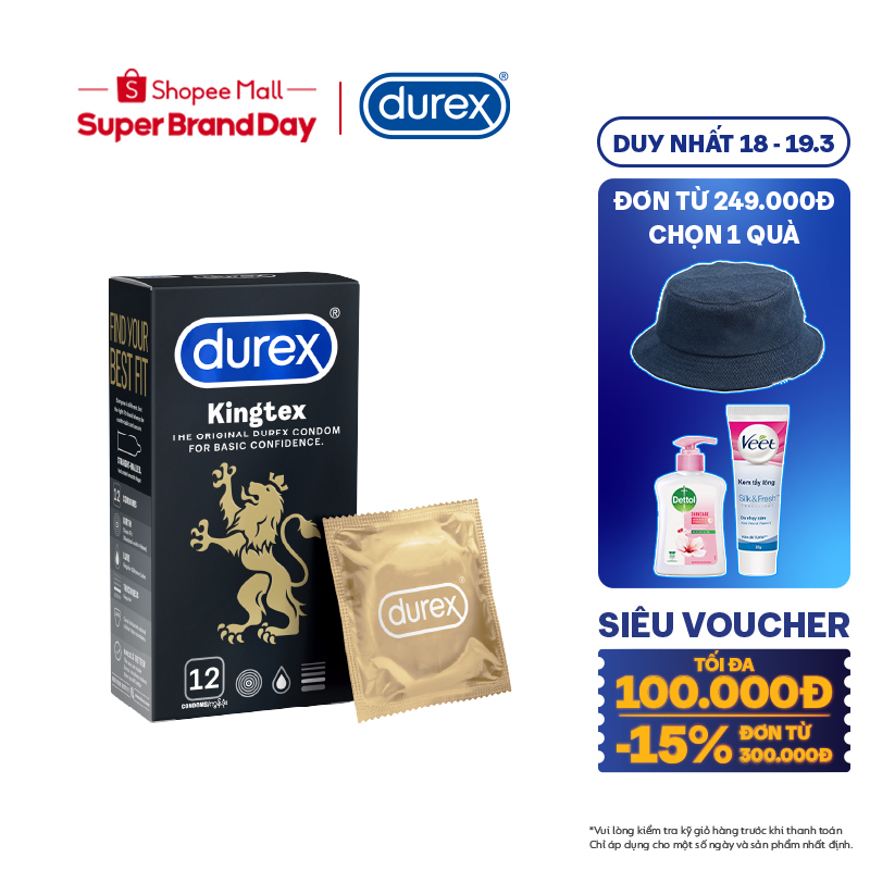 Bao cao su Durex Kingtex ôm sát, bôi trơn, size 49mm, hộp 12 bao