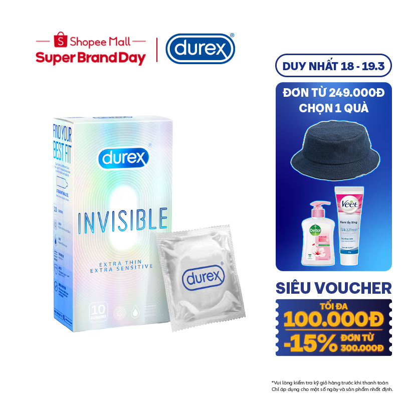 Bao cao su Durex Invisible siêu mỏng size 52mm, hộp 10 bao