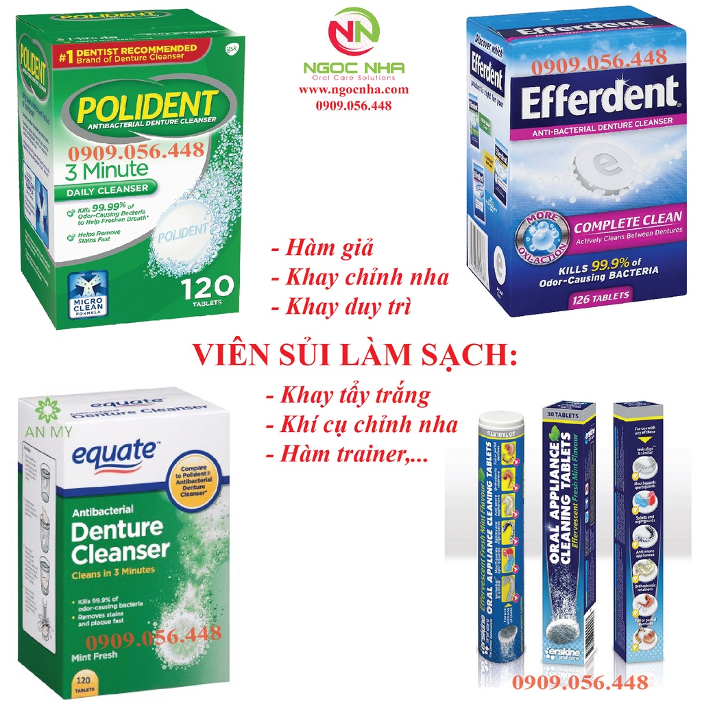 Viên sủi ngâm làm sạch và vệ sinh hàm giả răng giả hàm tháo lắp, vệ sinh khay chỉnh nha Efferdent/Polident - Mỹ - Ảnh 2