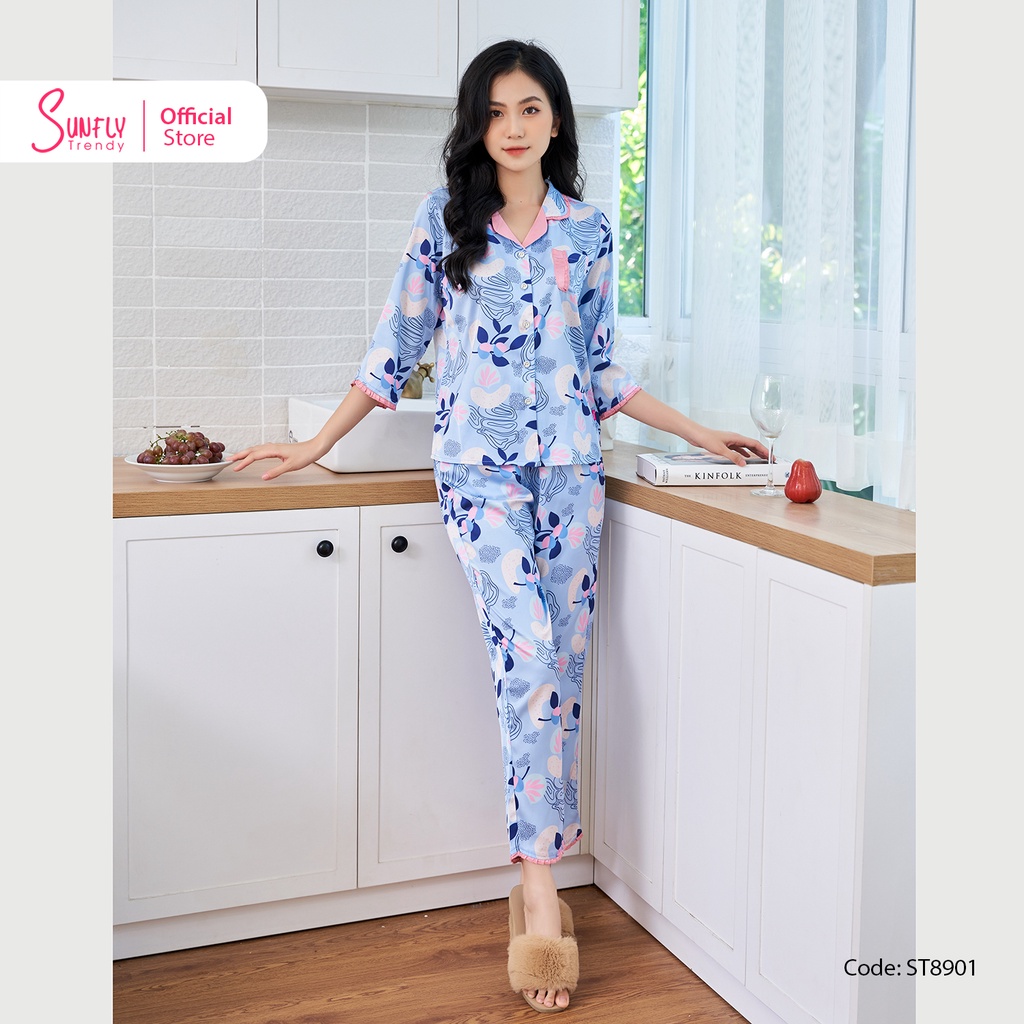 Bộ Đồ Mặc Nhà Nữ Pyjamas Lụa SUNFLY Áo Tay Lỡ Quần Dài ST8901