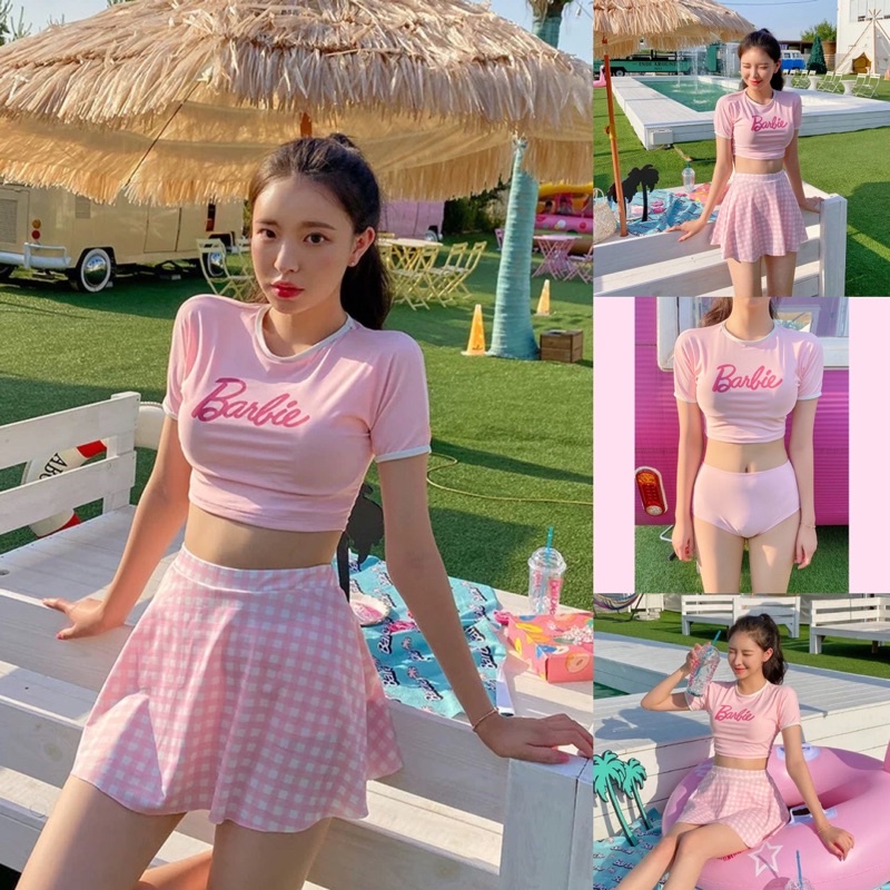 Bikini, đồ bơi nữ hai mảnh crotop chân váy hồng babie Quảng Châu có sẵn