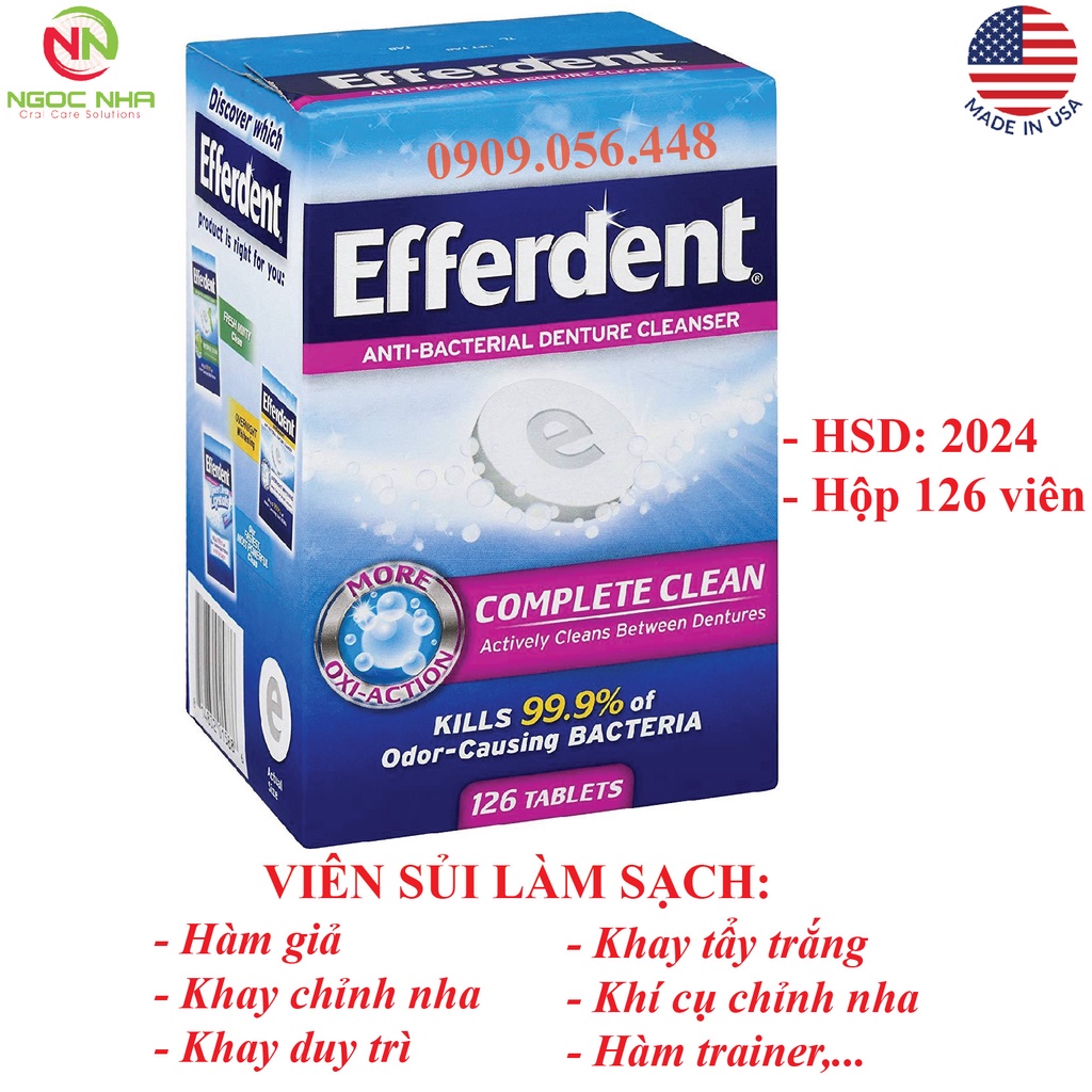 Viên sủi ngâm làm sạch và vệ sinh hàm giả răng giả hàm tháo lắp, vệ sinh khay chỉnh nha Efferdent/Polident - Mỹ