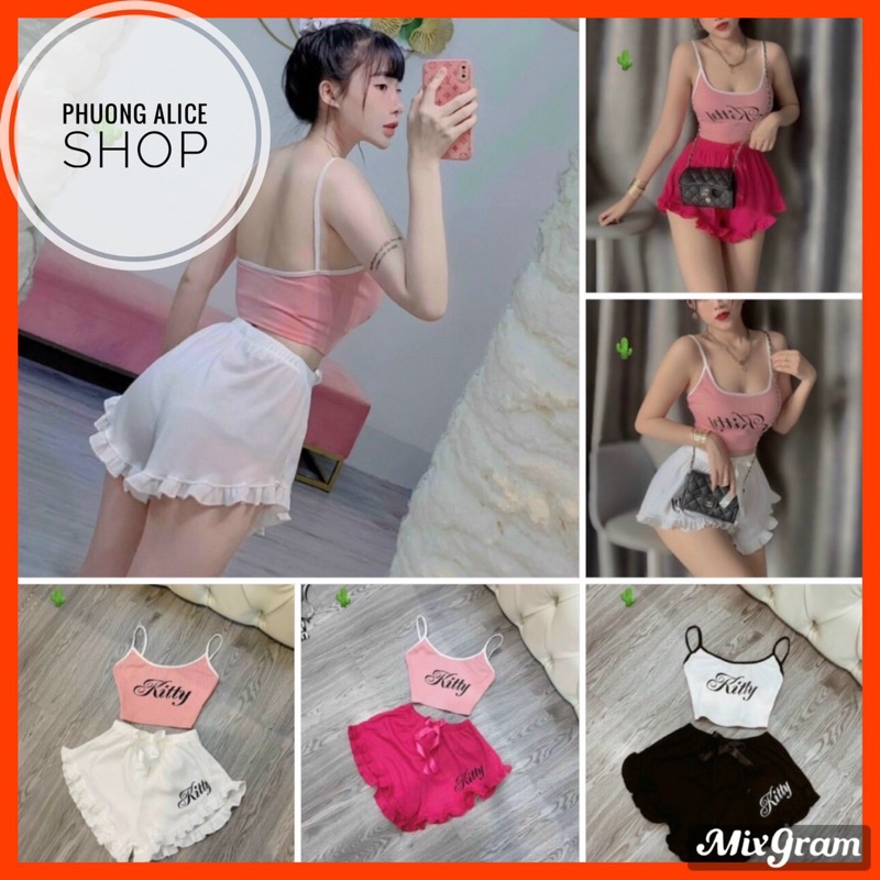 ❌ ❌HOT ❌❌Sét bộ ngủ 2 dây viền sexy chất thun gân tăm mềm mát