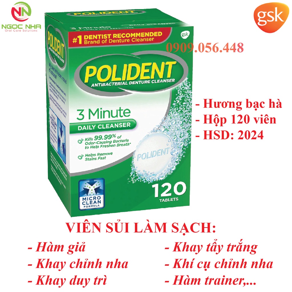 Viên sủi ngâm làm sạch và vệ sinh hàm giả răng giả hàm tháo lắp, vệ sinh khay chỉnh nha Efferdent/Polident - Mỹ - Ảnh 3