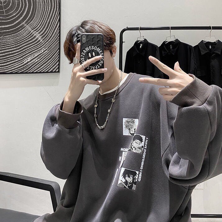 Áo Sweater Dáng Rộng In Hoạt Hình Phong Cách Nhật Bản Màu Xám Hợp Thời Trang Cho Các Cặp Đôi