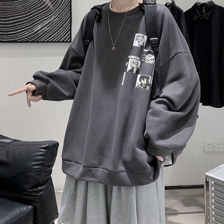 Áo Sweater Dáng Rộng In Hoạt Hình Phong Cách Nhật Bản Màu Xám Hợp Thời Trang Cho Các Cặp Đôi - Ảnh 2