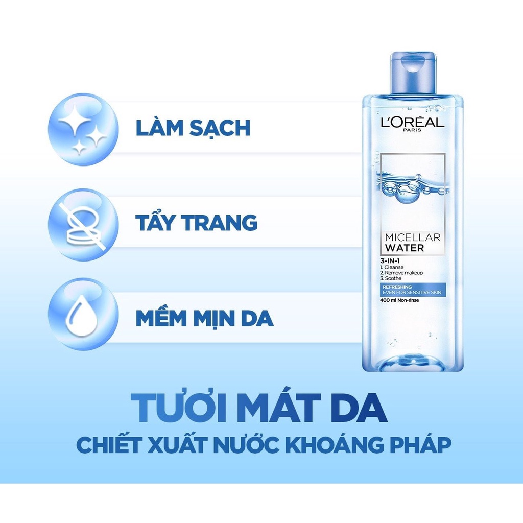Nước Tẩy Trang LOreal 3 In 1 Micellar Làm Tươi Mát Da 400ml