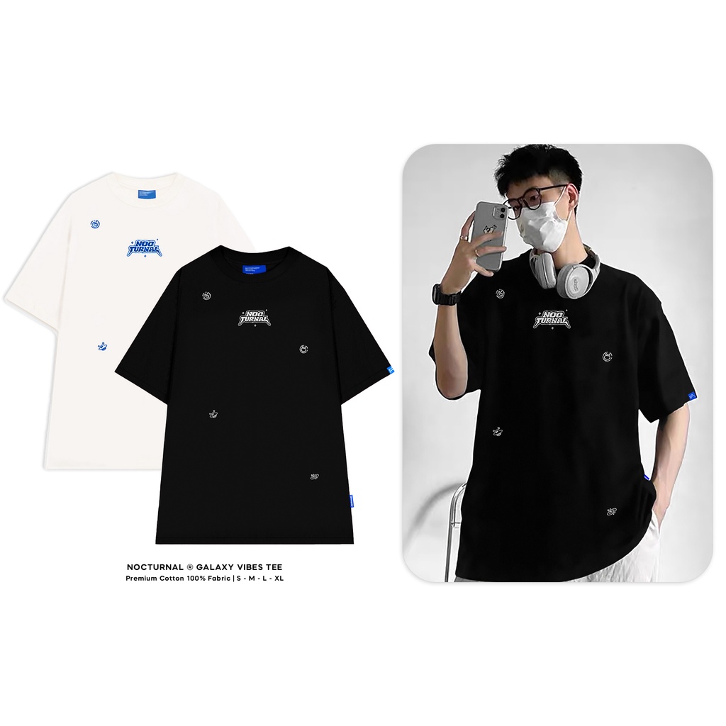 Áo thun đính hình Ngân Hà NOCTURNAL, chất liệu 100% bông, unisex, dáng rộng tay lỡ, thương hiệu địa phương.